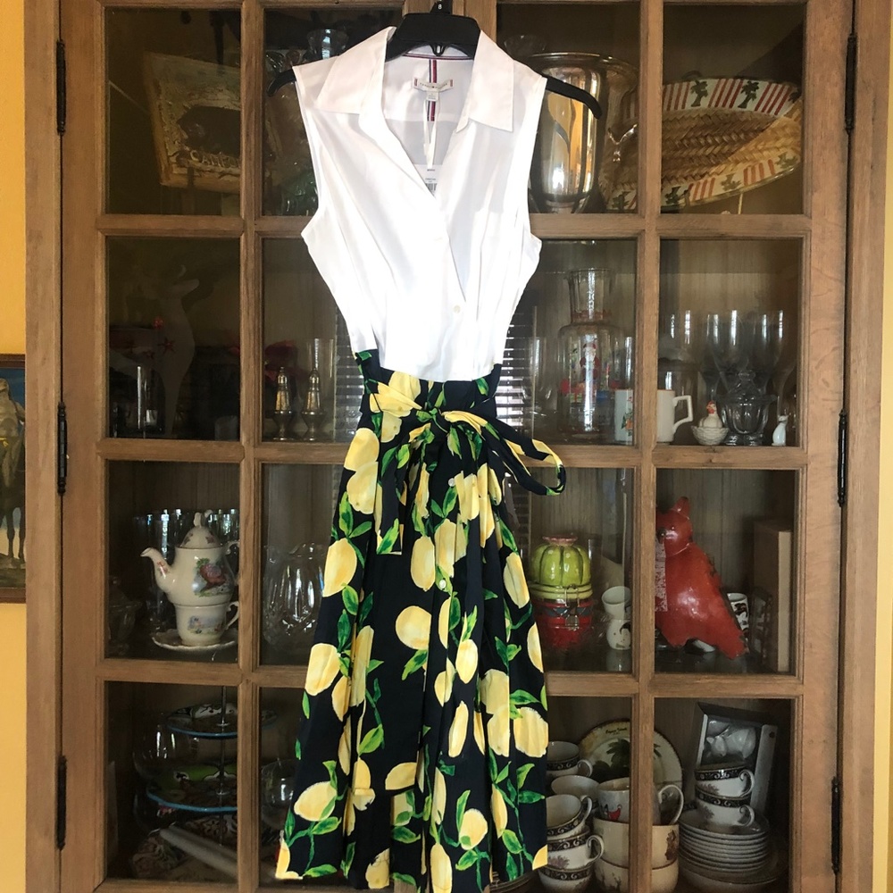 Tommy Hilfiger Sleeveless Color Block Lemon Print Stretch Shirt Dress Size 8 NWT